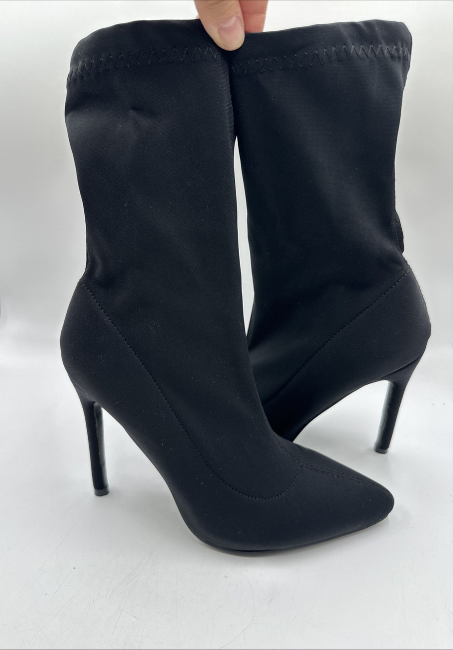 Women’s Black Sock Boots EU 38 UK 5/US 7.5 Pointed Toe Stiletto Stretch Mid Calf